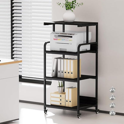 4 Tier Printer Stand with Storage Shelf, Large Tall Printer Table for Home Office, Mobile Printer Cart with Industrial Wheels for Paper Shredder Scanner Fax Heat Press Small Space Organization (Black)