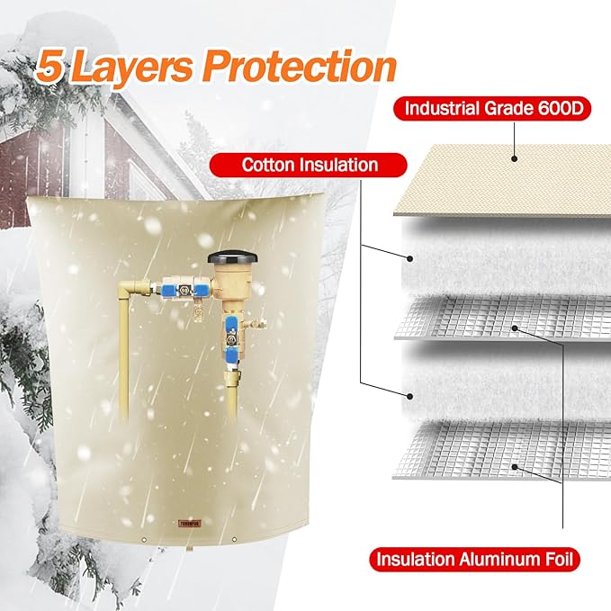 Backflow Preventer Pipe Insulation Cover (5°F) - Irrigation Sprinkler Valve Insulated Pouch - Water Well Pump Cover - Sturdy 5 Layers for Winter Freeze Protection, 26" W x 40" H, Beige