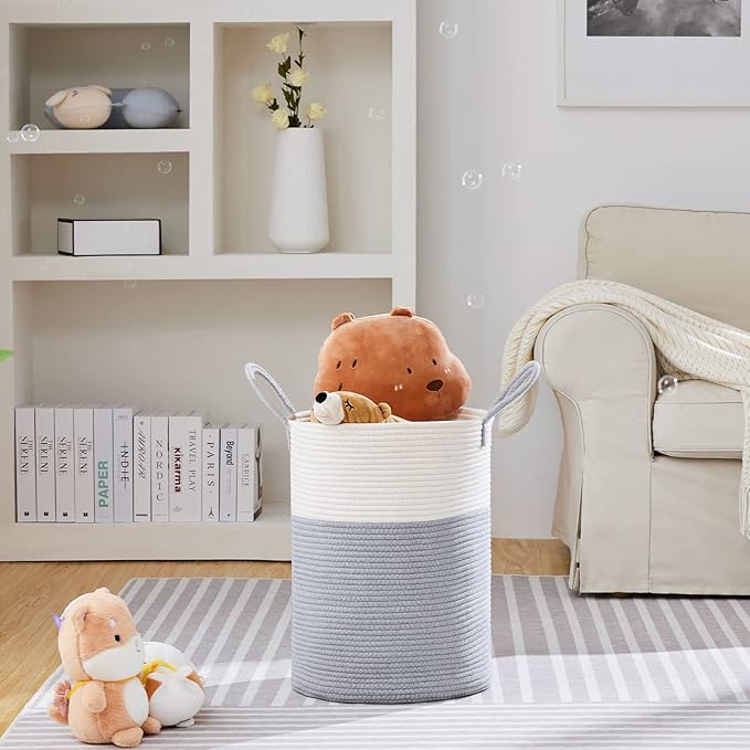 VIPOSCO Large Laundry Hamper, Tall Woven Rope Storage Basket for Blanket, Toys, Dirty Clothes in Living Room, Bathroom, Bedroom - 58L Grey & White