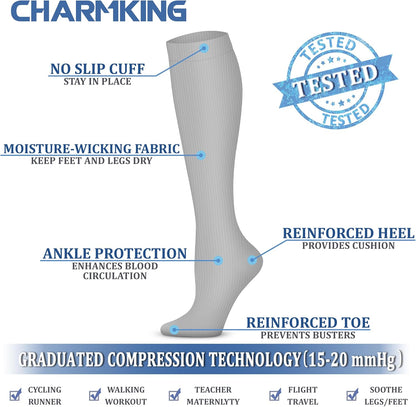 CHARMKING Compression Socks for Women & Men Circulation (3 Pairs) 15-20 mmHg is Best Support for Athletic Running Cycling