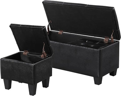 Storage Ottoman Set of 3, 38'' Button-Tufted Coffee Table Bench with 2pcs Nesting Foot Stools, for Living Room Couch, Bedroom, End of Bed (Black - PU Leather)