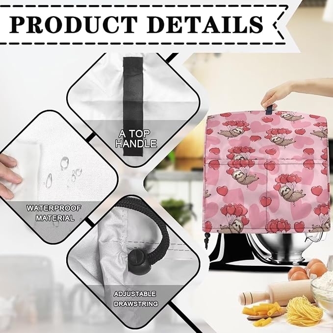 Funny Sloth with Hearts Mixer Cover Stand Mixer Dust Proof Covers with Handle and Front Pockets Kitchen Aid Mixer Cover for 4.5-5 Qt Mixer,Kitchen Coffee Maker Toaster Machine Dust Cover