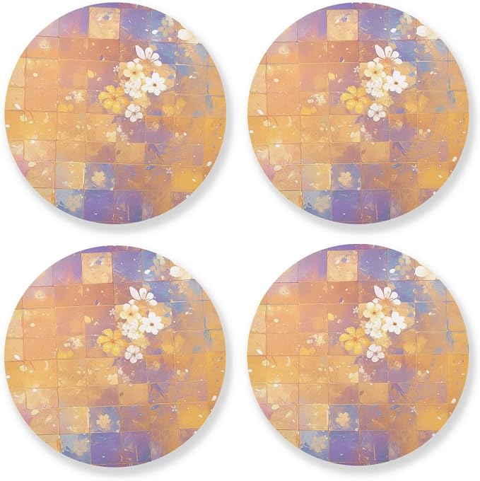 Retro Checker Board Groovy Flower Oil Painting Coaster
