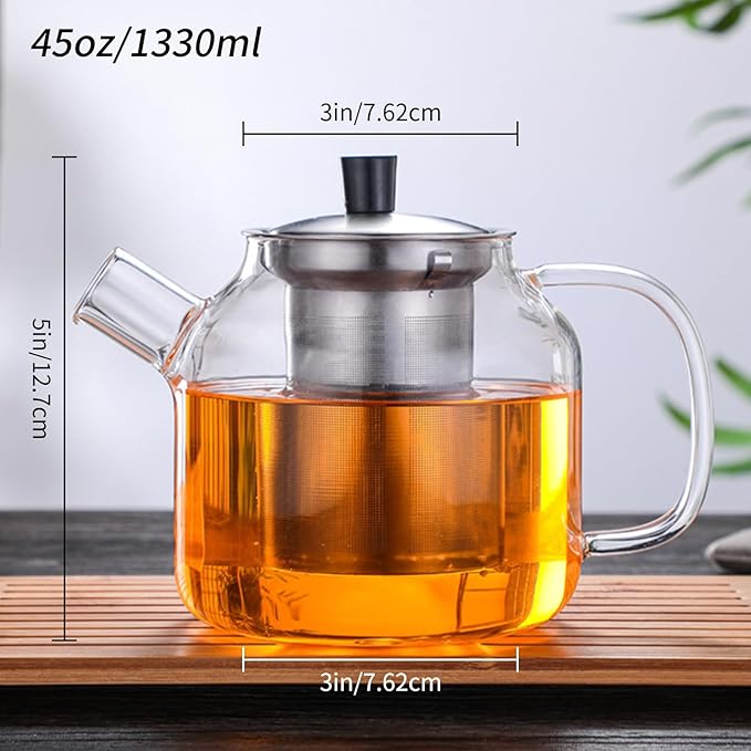 50OZ Glass Teapot With Infuser, Tea Pot for Stove Top, 1500ML Glass Tea Cup With Infuser and Lid, Microwave and Dishwasher Safe