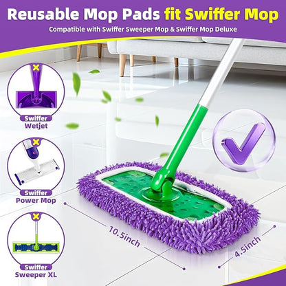 Reusable Mop Pads Compatible with Swiffer Sweeper Mop - Microfiber Dry Sweeping Cloths & Washable Wet Pads Refill Chenille Wet Mopping Cloths for Use on All Sealed Floors Cleaning(Mop is not Included)
