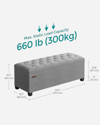 SONGMICS Storage Ottoman Bench, Foot Rest with Legs, 15.7 x 43.3 x 15.7 Inches, End of Bed Bench, Storage Chest, Load up to 660 lb, for Living Room, Bedroom, Entryway, Light Gray ULSF088G02
