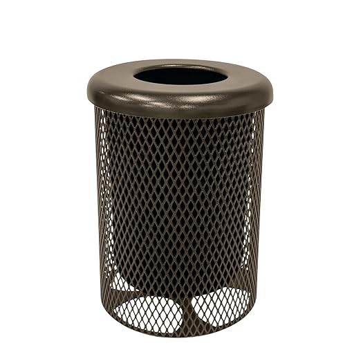COATEDOUTDOORFURNITURE RFT-TXTBRW Heavy Duty Round Trash Receptacle with Flat Top, Liner Included, 32 Gallon, Textured Brown, Made in America