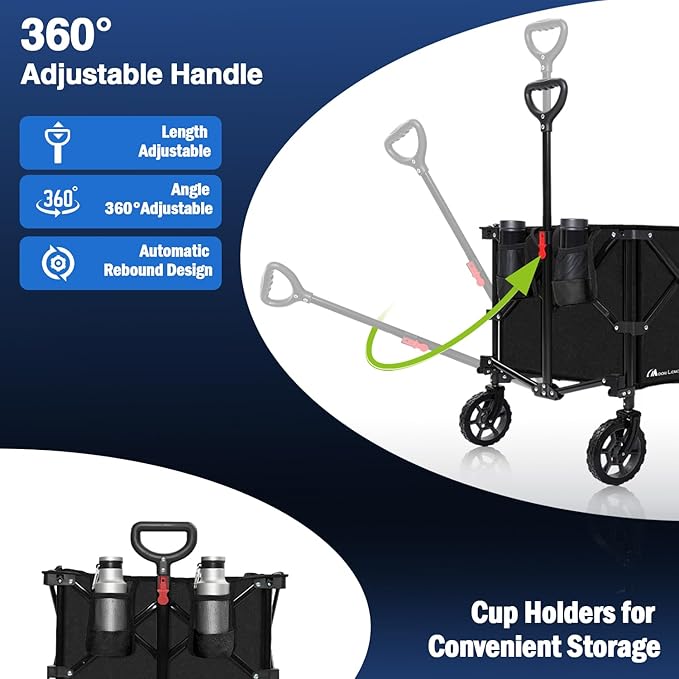 Moon Lence Large Collapsible Folding Wagon Cart Heavy Duty Folding Garden Portable Handy Cart with All-Terrain Beach Wheels, Adjustable Handle & Drink Holders (Black-New)
