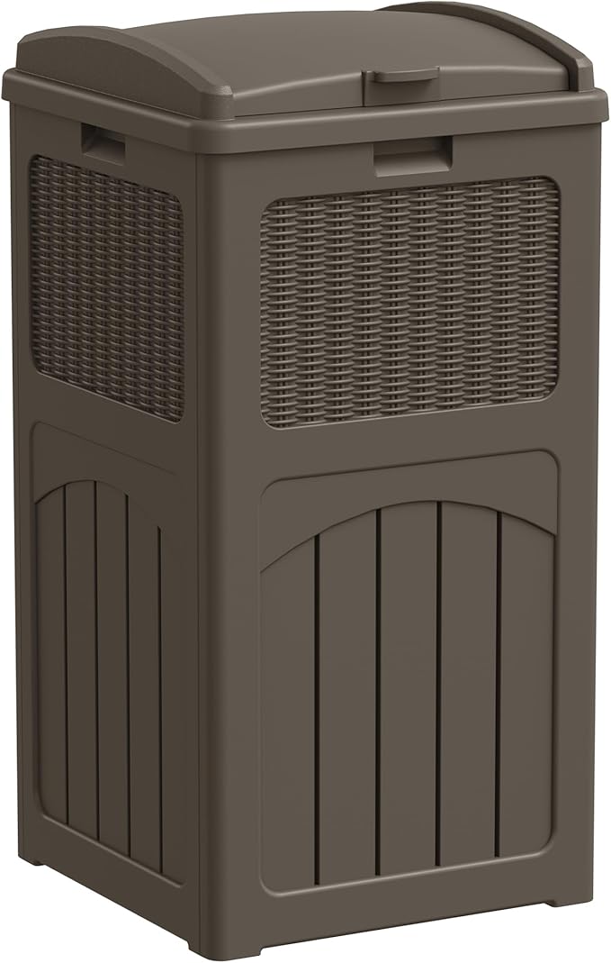 Greesum 33 Gallon Outdoor Trash Can with Lid, Waterproof Resin Garbage Bin for Hideaway, Deck, Patio, Dark Brown