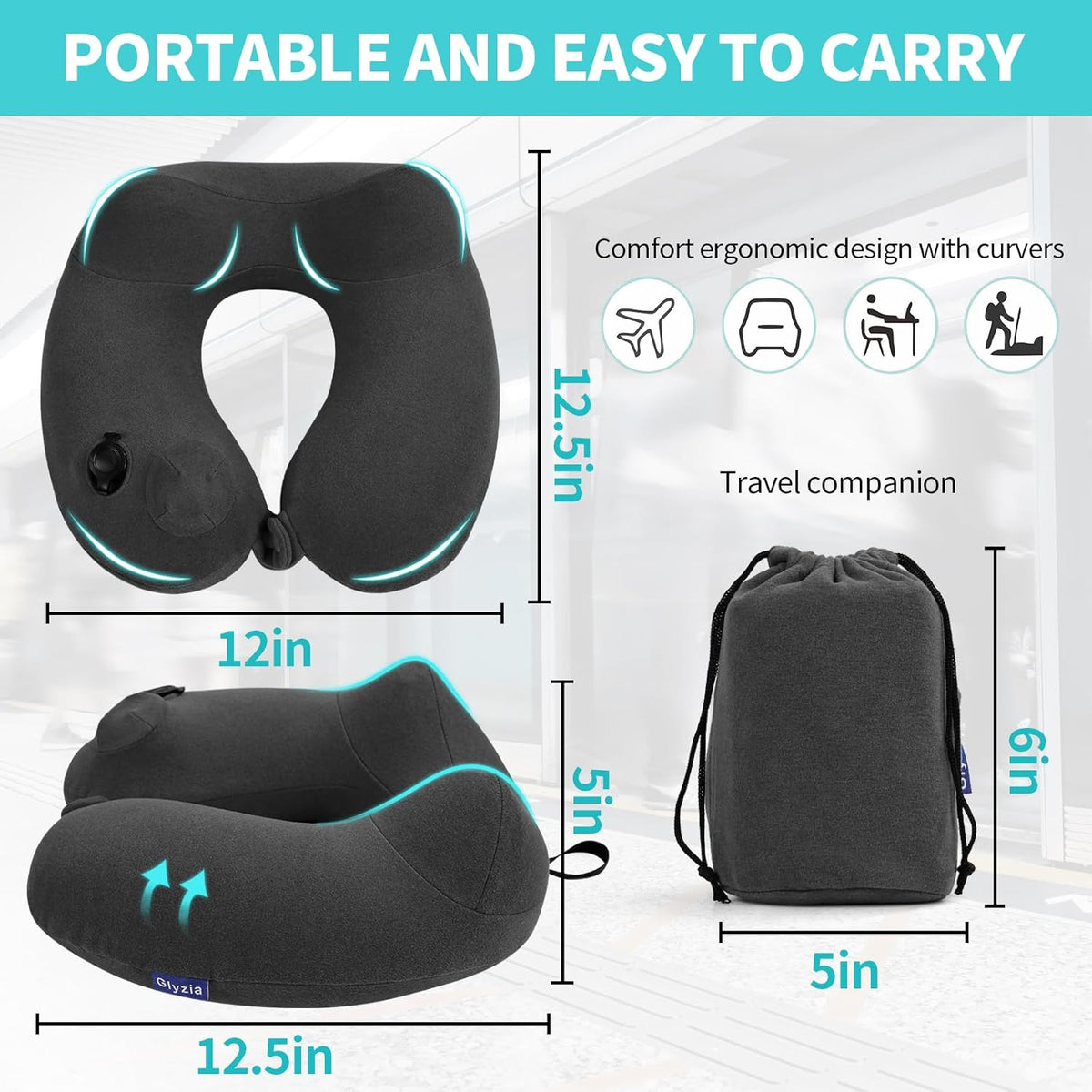 Inflatable Travel Neck Pillow for Airplane, Head Support Velvet Adult Neck Pillow for Long Flight, Kit with Eye Mask, Earplugs and Storage Bag,1, Dark Gray