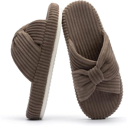 Chantomoo Slippers for Women Memory Foam House Bedroom Corduroy Bow Crossbands Slide Slipper Shoes Comfy Trendy Gift Slippers