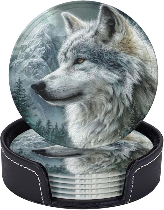 6 Pack Wolf Moutain Leather Coasters