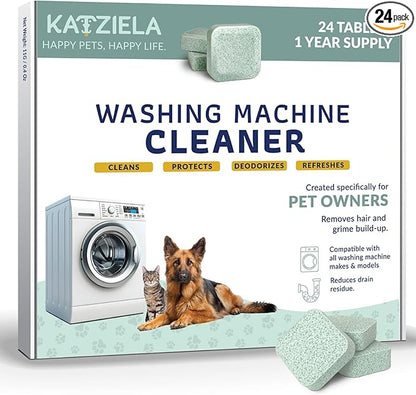 Katziela Washing Machine Cleaner Tablets – 24 Pack (12-Month Supply) – Formulated for Pet Owners – Helps Loosen Pet Hair & Eliminate Odors – Fragrance-Free, Enzyme-Based – Septic Safe & HE Compatible