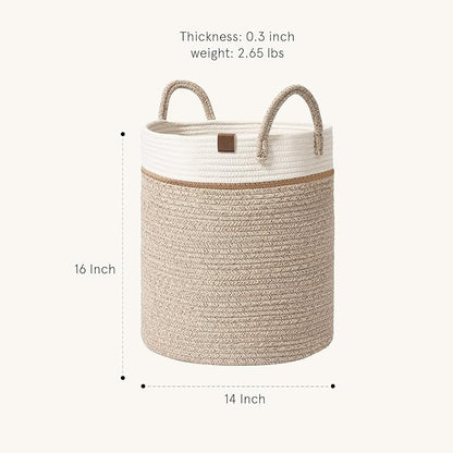 LA JOLIE MUSE Woven Basket Rope Storage Baskets - Large Cotton Organizer 16 x 14 x 14 Inches, Basket for Baby Blanket, Kids Toy Nursery Laundry Basket