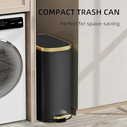 KUK Small Bathroom Trash Can with Lid Soft Close, Step Pedal, 2.4 Gal Stainless Steel Garbage Can with Removable Inner Bucket, Anti-Fingerprint Wastebasket for Office, Bedroom, Toilet (Black)