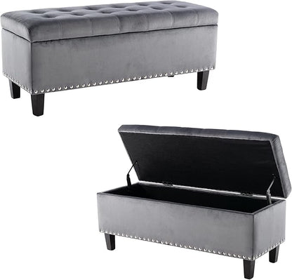 Ottoman with Storage, Storage Ottoman Bench with Button-Tufted, Upholstered End of Bed Bench with Wooden Legs for Bedroom, Entryway (Grey, Set of 1)