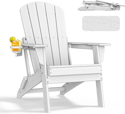 Folding Adirondack Chair, Ergonomic Extended Backrest, HDPE All-Weather, 380lbs Capacity, Maintenance-Free, Cup Holder, （White）- Outdoor Patio & Firepit Chair