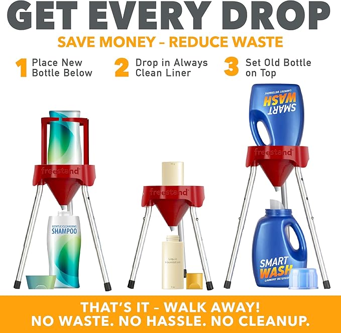 Freestand™ Bottle Emptying Kit – No More Wasted Product – Get Every Last Drop of Shampoo, Conditioner, Facial Cleansers, Moisturizers, Sunscreen, Body Wash, Perfume, Hair Serums, Serums, & More