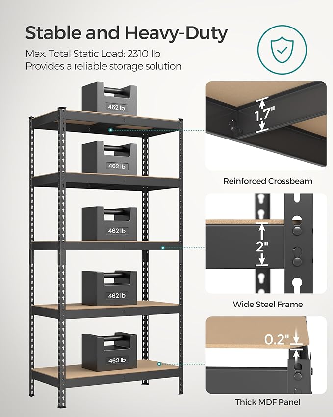 SONGMICS 5-Tier Storage Shelves, Load 2310 lb, Set of 2 Garage Storage, Boltless Assembly, Adjustable Shelving Unit, 17.7 x 35.4 x 70.9 Inches, for Study Shed Basement, Black UGLR450B02