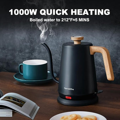 Nueve&Five Gooseneck Electric Kettle with Thermometer， Black Electric Kettle 1L with Auto Shut-Off，1000W Hot Water Kettle of Stainless Steel， Pour Over Kettle for Coffee & Tea
