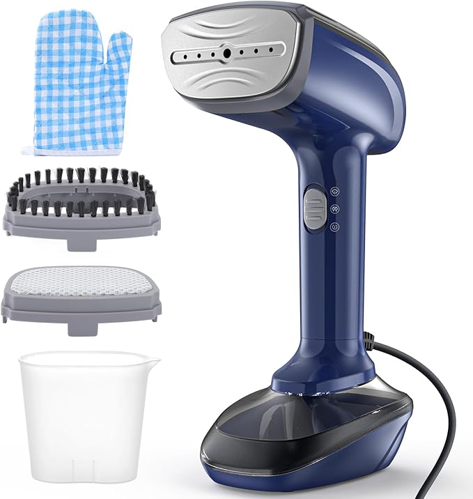 Powerful Handheld Fabric Steamer - 1800W with Fast Ceramic Heat-Up Plate, 2-in-1 Ironing & Wrinkle Remover, Steam Nozzle, Lint Brush - Blue, for US 120V Only