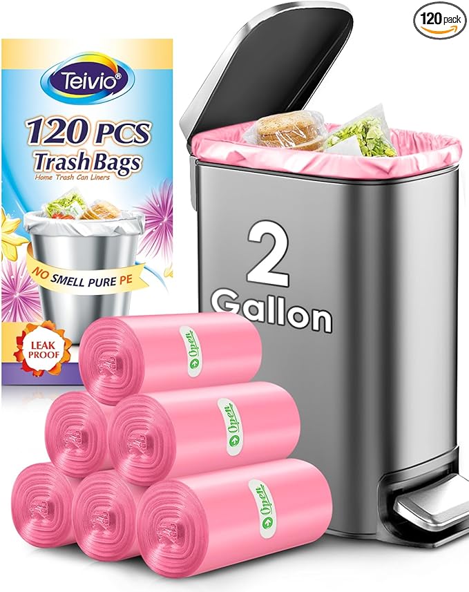 Teivio 2 Gallon 120 Counts Strong Trash Bags Garbage Bags, Bathroom Trash Can Bin Liners, Plastic Bags for home office kitchen, Pink