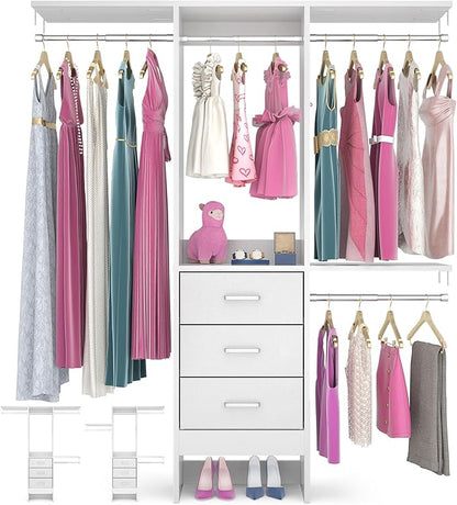 4FT Small Closet System with 3 Fabric Drawers, 48'' Closet Organizer System With 3 Adjustable Shelves, Flexible Built-In Clothes Garment Rack for Small Space, 48" L x 13" W x 71" H, White