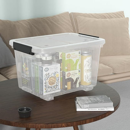 30 Quart Plastic Clear Storage Bin with Wheels, Plastic Latching Bins with Lids, 4 Packs