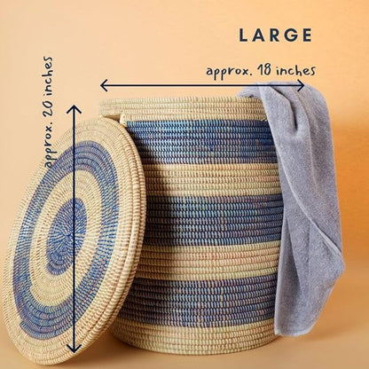 Storage & Organization - Basket, Laundry Hamper, Nursery Toys Bin, Living Room Blankets Storage, Decorative, Wicker, Woven, Sturdy, Round, Handles, Navy Blue, Large