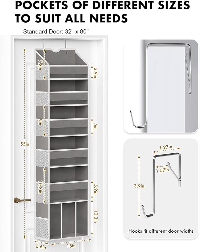 Over The Door Organizer Hanging - 6 Shelf Over Door Organizers with 6 Clear Front & 12 Side Pockets - Swing-proof 50LB Load Behind Door Storage for Closet Bedroom Bathroom Nursery Baby Essentials