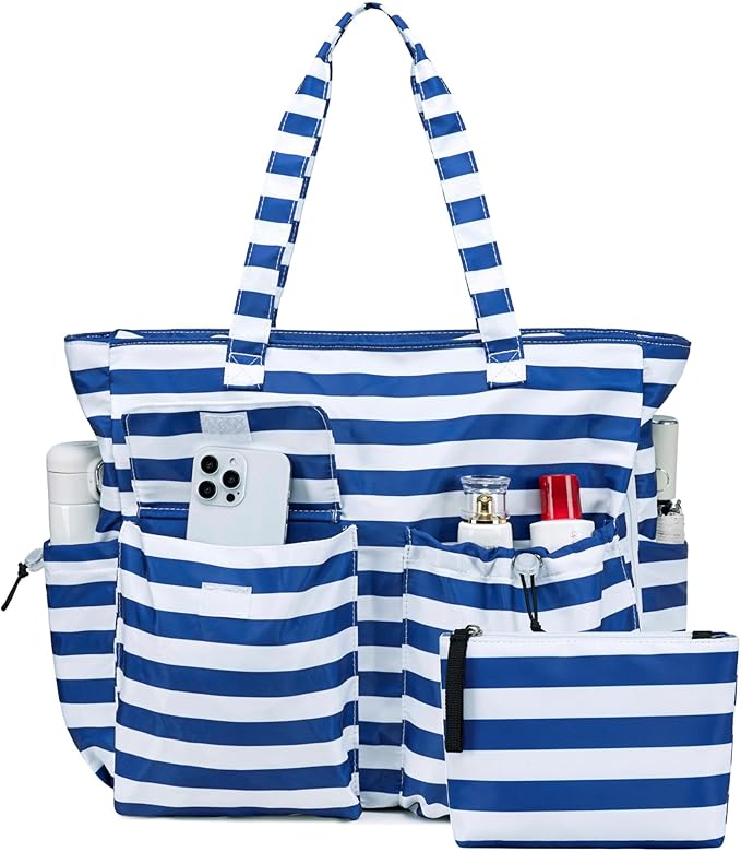 LEDAOU Large Beach Tote Bag Women Waterproof Sandproof Zipper Beach Tote Bag for Pool Gym Grocery Travel with Wet Pocket