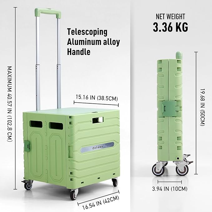 Folding Utility Cart Portable Rolling Crate Handcart Foldable Shopping Trolley Collapsible, with Lid, on Wheels, for Grocery, Garden, Office, Storage, Teacher, Tool (Green)