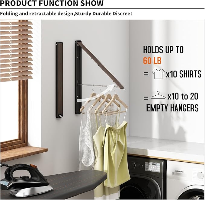 Clothes Drying Rack for Laundry Drying Rack Wall Mounted Clothes Hanger Rack Retractable Laundry Hanger Dryer Rack Space Saving Closet Organizer Aluminium (Walnut)