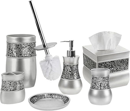 Crackled Glass Toilet Brush with Holder - Silver Toilet Bowl Cleaner Brush and Holder - Good Grip, Deep Cleaning, Decorative Design Compact Toilet Bowl Scrubber