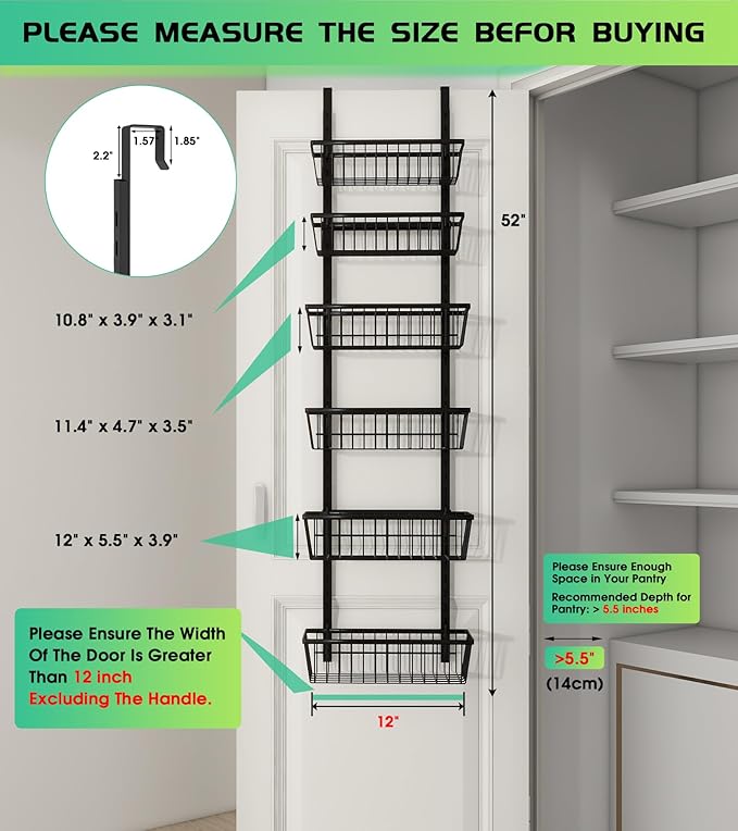 12 Inch Wide Narrow Over The Door Pantry Organizer, Pantry Organization and Storage, Black Metal Hanging Deep Basket Wall Spice Rack Seasoning Shelves, Home & Kitchen Essentials, Apartment