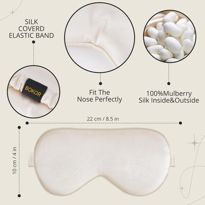 BOKOR Adjustable Silk Sleep Eye Mask for Women and Men, Luxury Mulberry Silk Eye Cover, Light-Blocking Improve Sleep Quality,with Travel Bag - Champagne