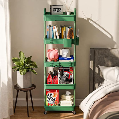 5 Tier Rolling Cart Organizer,Bathroom Cart Organizers with Wheels Laundry Room Organization Mobile Shelving Unit Utility Cart Storage Shelves Multi-Functional for Office, Home(Green)