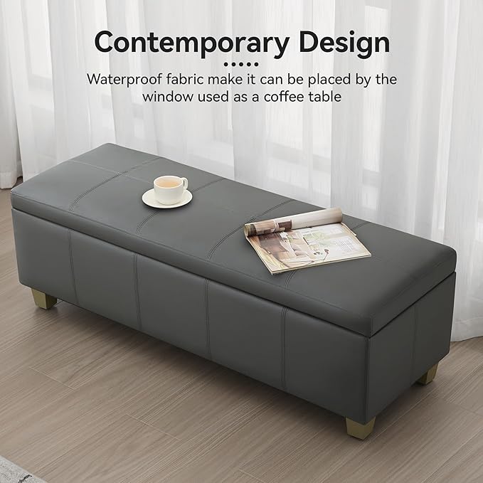 51" Faux Leather Storage Ottoman, Stitch Tufted Rectangle Upholstered End of Bed Storage Bench, Entryway Large Couch Ottoman with Wooden Legs,Dark Grey