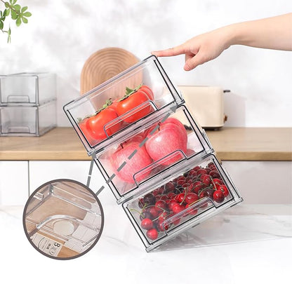 PeJeyiee 4 Pack Clear Stackable Refrigerator Organizers and Storage Drawers - Pull-Out Fridge Bins with Anti-Slip Base & Easy Clean, Plastic Organizers for Kitchen Pantry Cabinet Closet (Large)