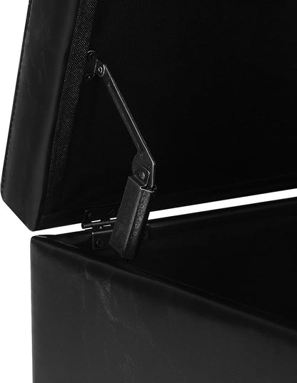 Adeco 17.7" Leather Ottoman with Wheels, Black Square Rolling Ottoman with Storage, Upholstered Button Tufted Vanity Stool with Hinged Lid for Living Room, Bedroom, Dorm