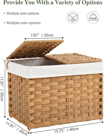 Storage Basket with Lid Woven Wicker Baskets with 2 Separate Lid, 9.2 Gallon (35 L) Wicker Storage Bins with Handles, Foldable and 2 Removable Liner Bags for Bedroom, Laundry Room Natural