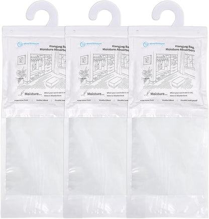 500 Gram Moisture Absorber Hanging Bags 3 Pack - 17.6 oz Fragrance-Free Large Dehumidifier for Closet, Bathroom, Bedroom – Double Leak-Proof Design & Dual-Sided Absorption