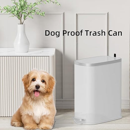 KUK Slim Bathroom Trash Can with Lid Soft Close, Step Pedal, 2.6 Gal/ 10L Stainless Steel Garbage Can with Removable Inner Bucket, Anti-Fingerprint Wastebasket for Office, Bedroom, Toilet (White)