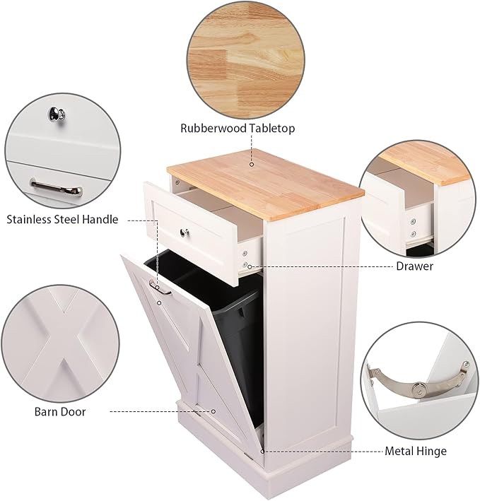 Betterhood Tilt Out Trash Cabinet 10 Gallon Wooden Free Standing Laundry Sorter Cabinet,Recycling Cabine with Hideaway Drawer,Tilt Out Trash Cabine Can Bin Kitchen (White)