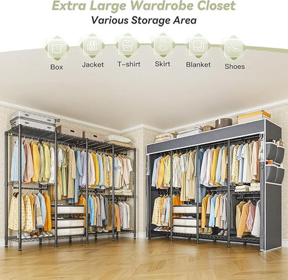 Raybee Clothes Rack with Cover,1150LBS Heavy Duty Clothing Rack for Hanging Clothes,Adjustable Portable,18" D x 76" W x 77" H,Black