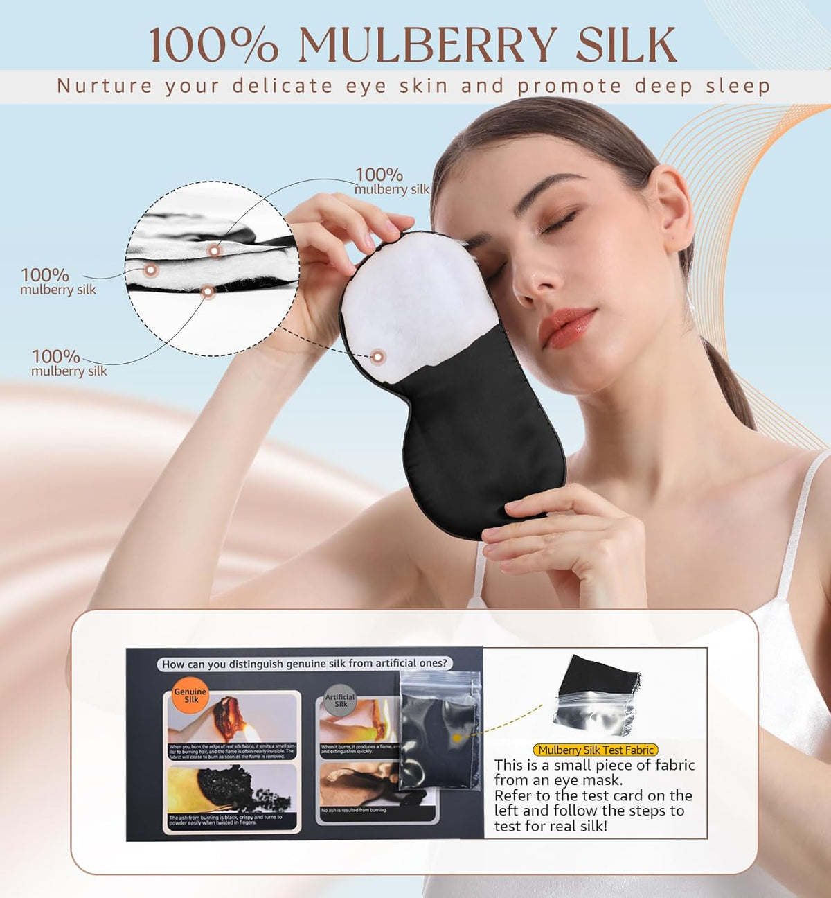 HiRui Silk Sleep Mask, 100% Natural Mulberry Silk of Double-Sided & Inner-Filling, Ultra-Smooth Soft, Adjustable Strap, Blocks Light for Night Sleeping, Travel, Office Naps (Black)