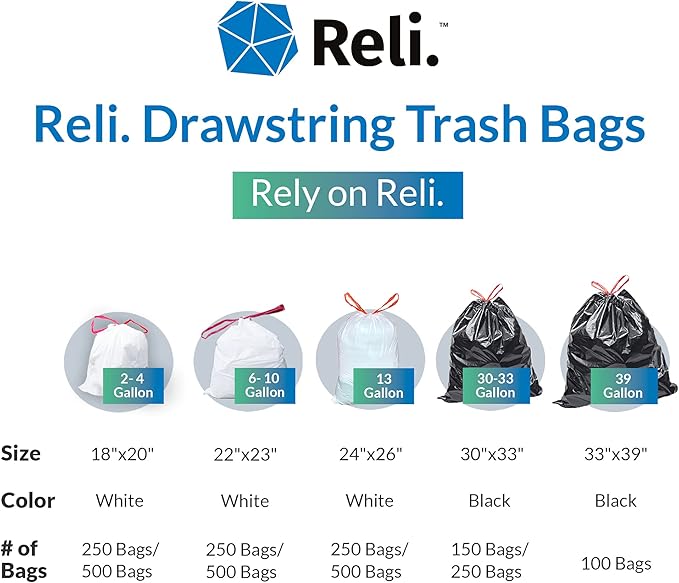 Reli. Tall Kitchen Drawstring Trash Bags 13 Gallon | 500 Count Bulk | Kitchen Garbage Bags | White | 13 Gallon - 16 Gal Capacity