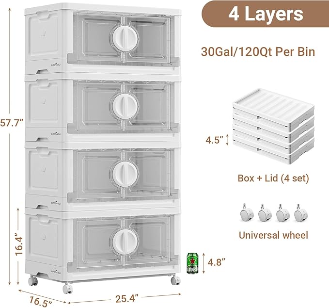 BROVIEW 480Qt Lockable Stackable Storage Bins with Lids, Closet Organizers and Storage Drawer, Collapsible Storage Bin with Wheels, Plastic Cabinet for Toy Clothes Dorm Organizer, V9 4 Pack White