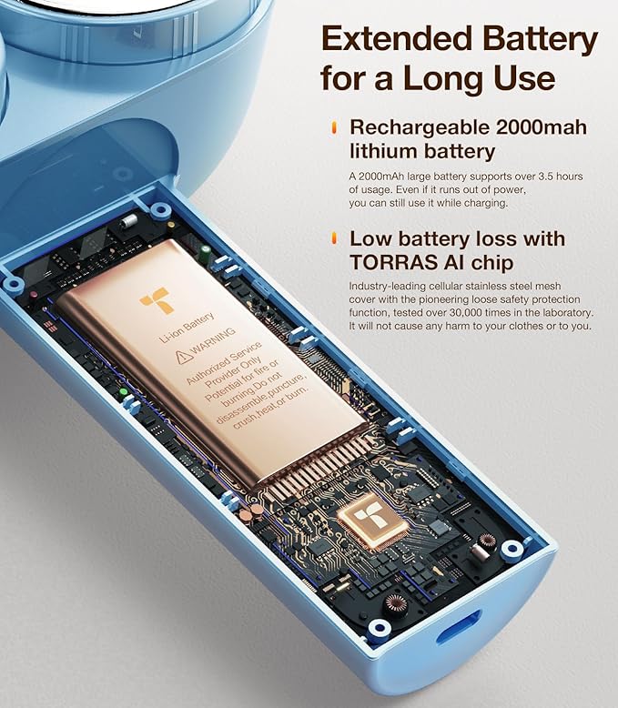 TORRAS Dual-Head Fabric Shaver, Longest Durability & 50ml Large Capacity Rechargeable Lint Removers to Remove Pills, 6-Leaf Blades Defuzzer, Electric Shaver for Clothes Couch Furniture, Sky Blue