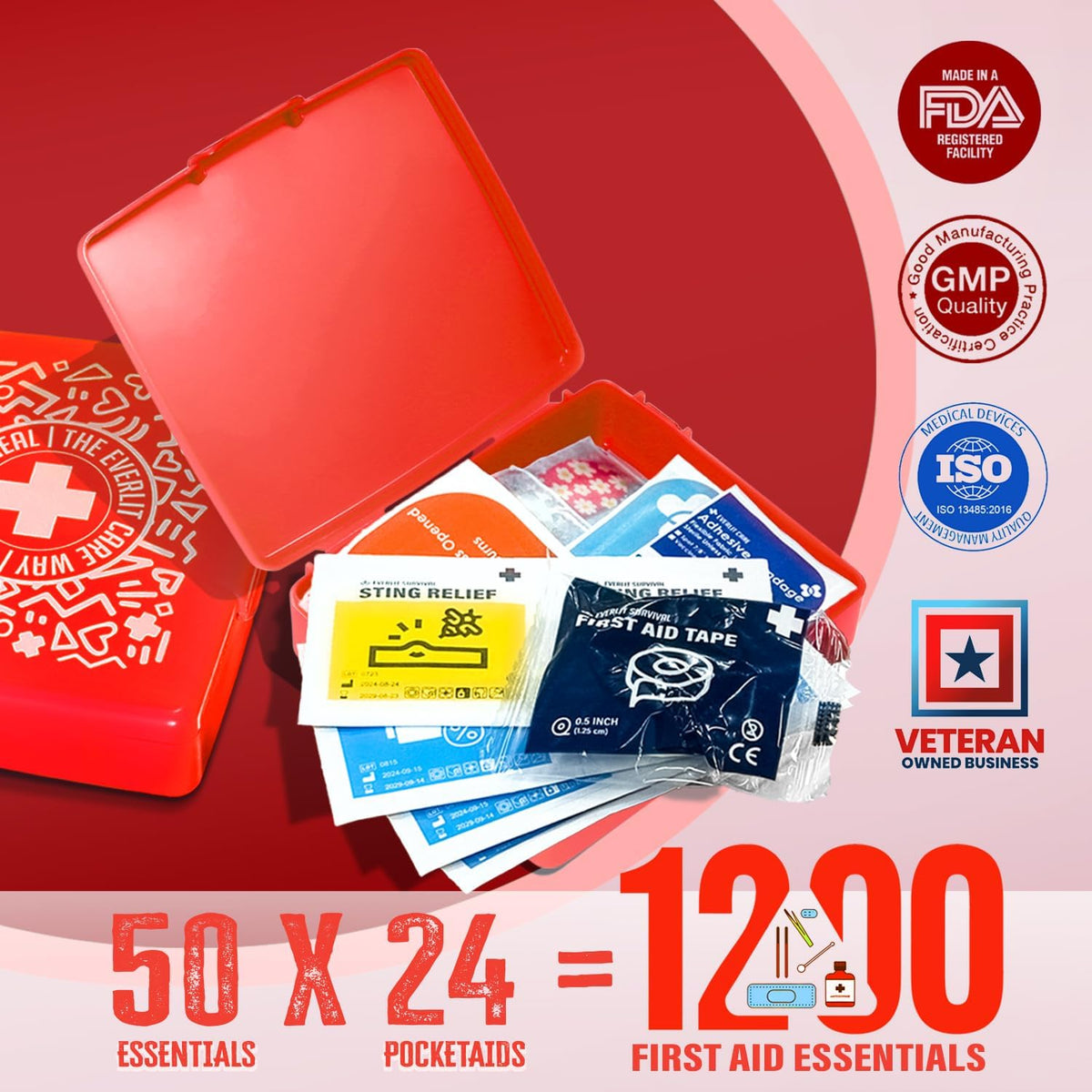 EVERLIT Pocket-Aid Mini First Aid Kit | Compact, Portable Hard-Shell Cases of 50 Items | Cuts, Scrapes, Wound Care Essentials for Travel, Outdoor, School, Camping, Home, Office (24 Packs | 1200 Pcs)